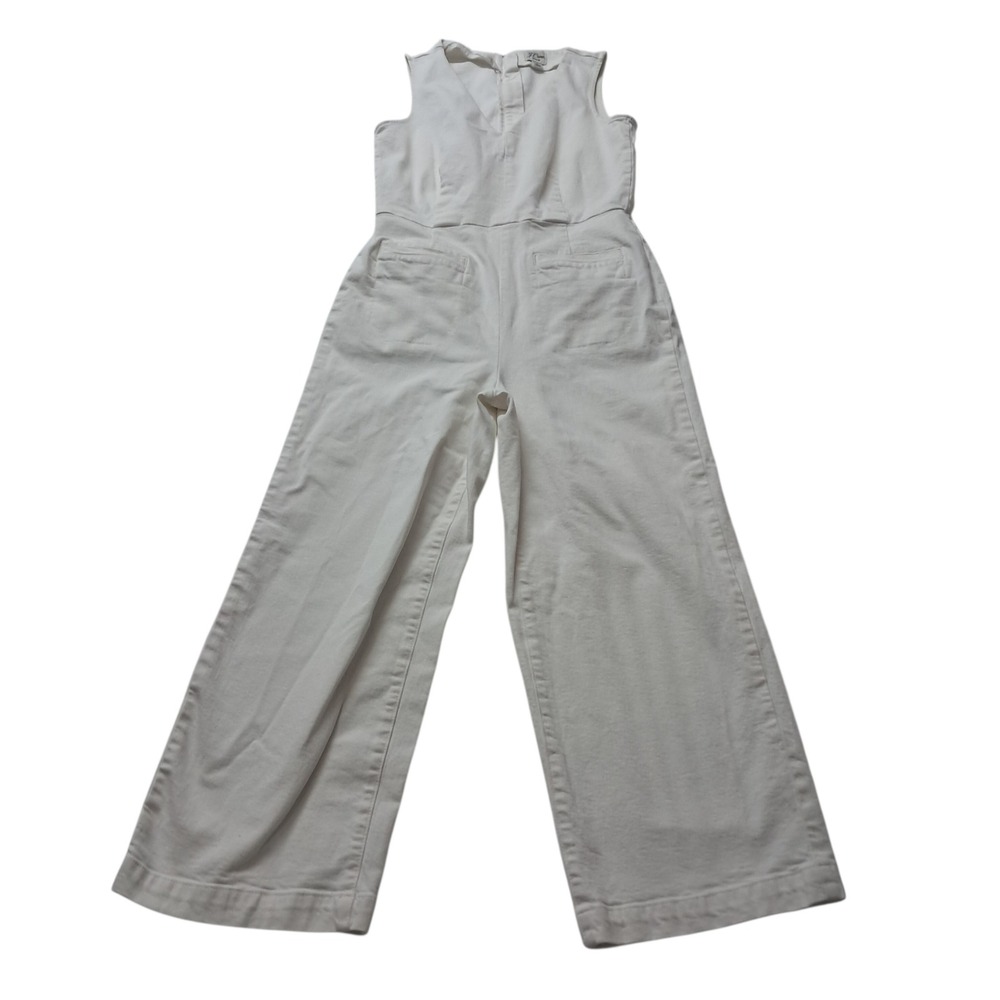 J. Crew V Neck Denim Jumpsuit‎ Womens 2 White Sleeveless Clean Girl Crop Coastal